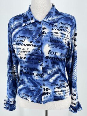 Vintage Y2K No Boundaries Blue Typography Print Slinky Button Down Shirt L